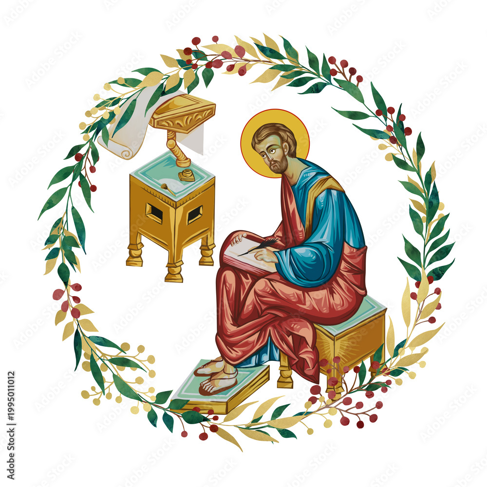 Fototapeta premium Apostle Luke. Decorative vintage floral wreath, illustration in Byzantine style isolated