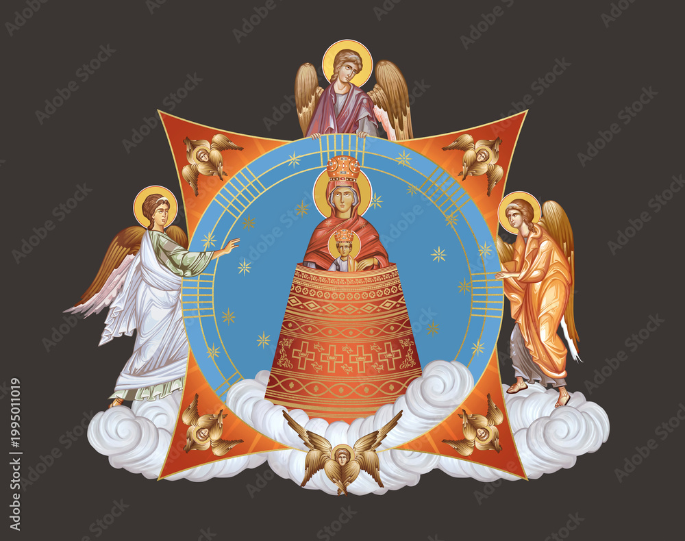 Naklejka premium Addition of the Mind. The Blessed Virgin Mary and Jesus Christ. Illustration in Byzantine style with angels and seraphim