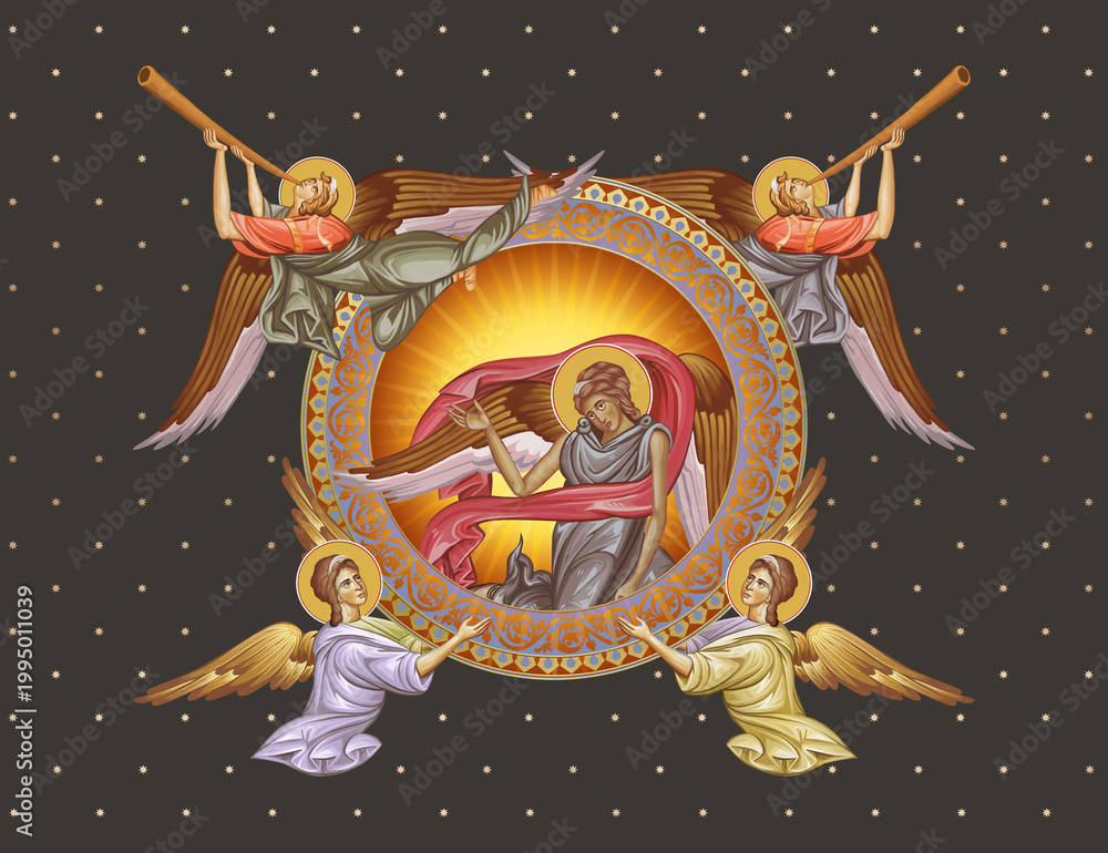 Fototapeta premium Decorative round vintage illustration with angels in Byzantine style