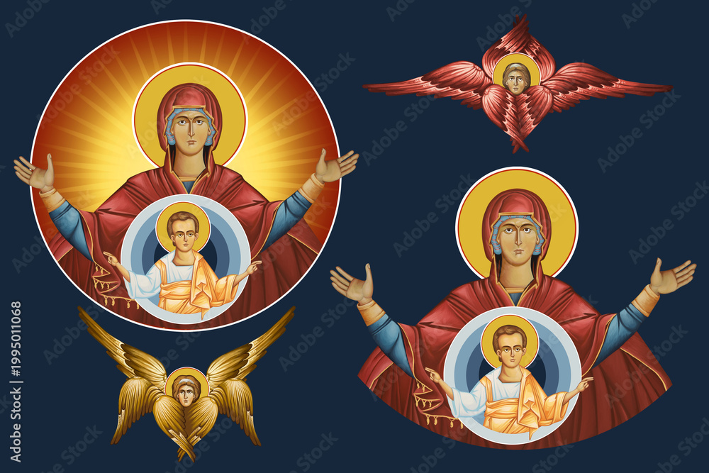 Obraz premium Blessed Virgin Mary and Jesus Christ. Illustration - fresco set in Byzantine style