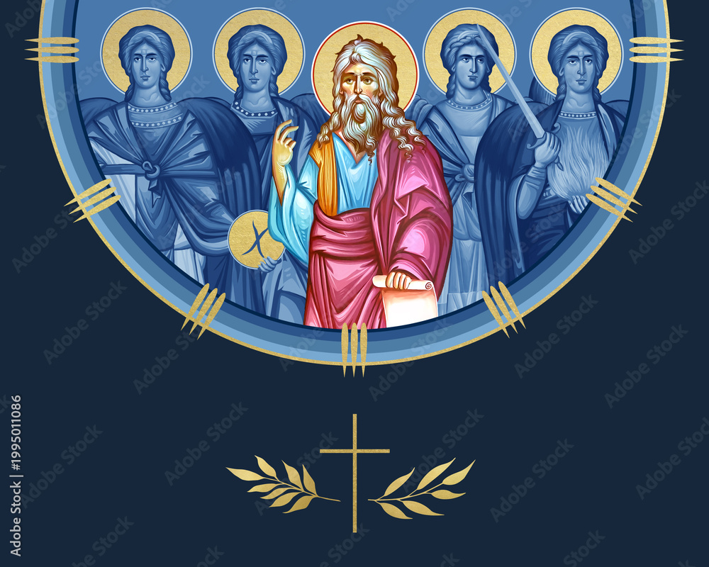 Fototapeta premium Jeremiah weeping prophet and four cardinal points (Archangel Gabriel, Uriel, Raphael and Michael). Illustration in Byzantine style isolated