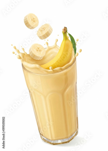 Fresh, vibrant Banana juice splashing dynamically around a clear glass, isolated on a pure white background.