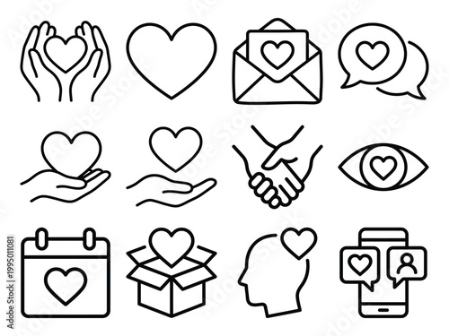 Hearts and care icons collection with envelope illustration donation kindness generosity relationship calendar