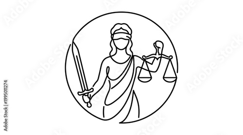 Continuous line art illustration of Lady Justice holding sword and scales.