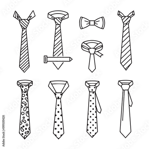 Collection of hand-drawn neckties and bowties with various patterns on a white background