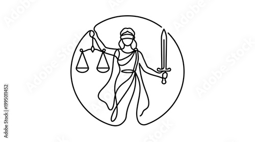 Continuous single line drawing of Lady Justice holding scales and sword.