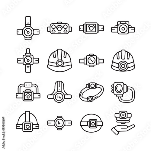 Collection of headlamp icons and safety helmet illustrations in a clean line art style