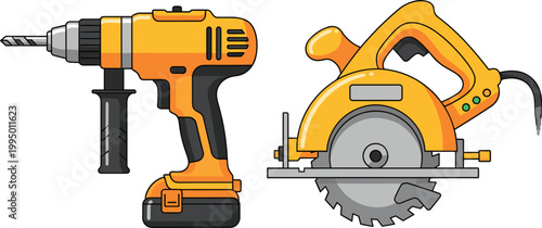 Power Tool Vector Set Featuring Cordless Electric Hammer Drill and Circular Saw for Construction and DIY Home Improvement Designs