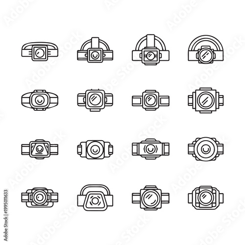 Collection of headlamp icons in a clean line art style with white background