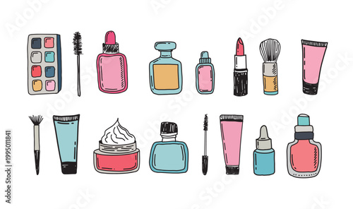 Beauty cosmetics and make up doodle icons. Hand drawn vector fashion sketch.	
