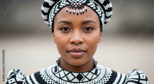 South African Xhosa woman in traditional beaded Umwalo attire with matching headwrap, close-up frontal pose, serious and composed expression,