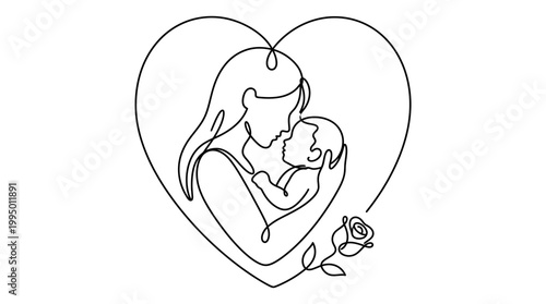 Continuous line art of a mother holding her baby inside a heart shape.