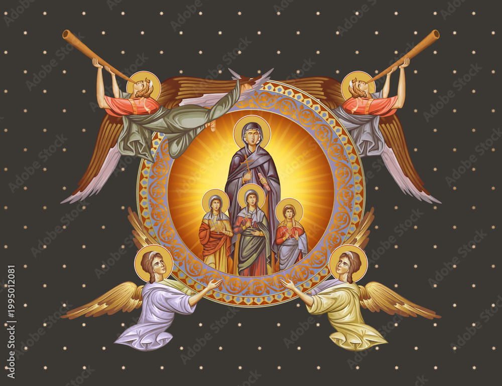 Obraz premium Holy Martyrs Faith, Hope, Love and their mother Sophia. Decorative vintage illustration with angels in Byzantine style