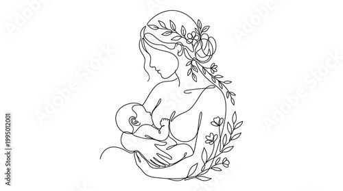 Continuous line art illustration of a mother breastfeeding her newborn baby.