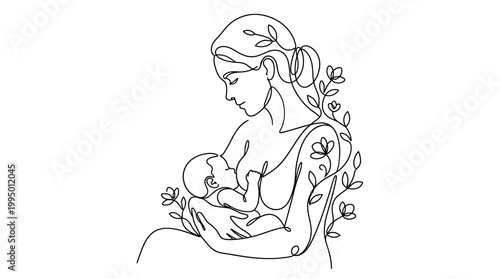 Continuous line art of a mother breastfeeding her newborn baby with floral elements.