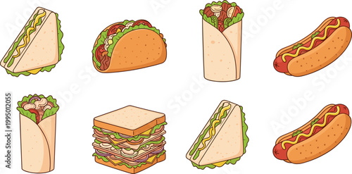 Fast food vector illustration set with sandwiches, tacos, wraps and hot dogs, delicious street food collection, colorful meal icons isolated on white background
