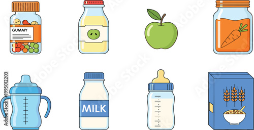 Baby food and nutrition items set with milk bottle, feeder, cereal box, fruit and jars in clean flat cartoon vector illustration style