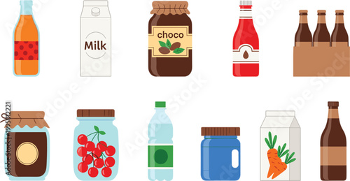 Food and beverage packaging collection with milk, juice, chocolate spread, soda bottles and grocery jars in flat cartoon vector illustration style