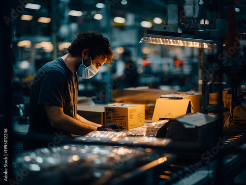 Young worker packing cardboard boxes in a dark factory