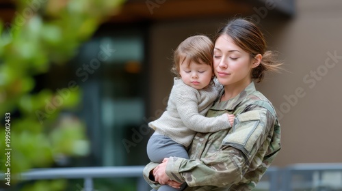 Woman in military clothing holding a child outdoors, family support, tenderness and protection, hope and resilience.
