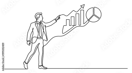 Continuous line drawing of a businessman analyzing business growth charts and data statistics.