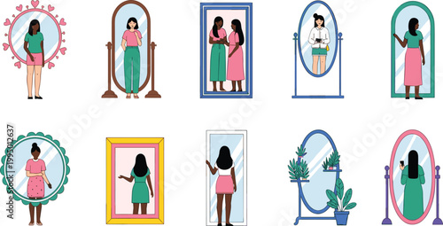 Women looking in mirrors vector illustration set with self reflection concept, diverse female characters and decorative frames, beauty and self awareness theme isolated background