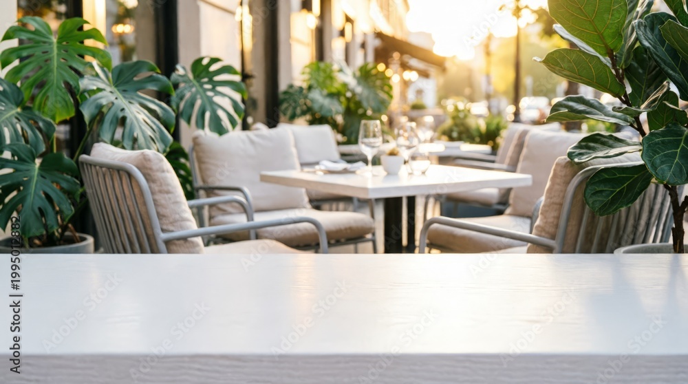 Fototapeta premium Outdoor Café Seating with Green Plants and White Furniture for Lifestyle Design