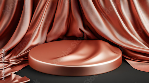 Luxury Rose Gold Podium Display with Elegant Silk Draped Fabric and Shimmering Metallic Texture