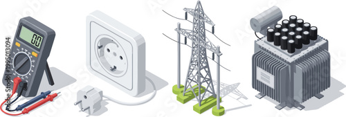 Electrical Infrastructure and Testing Tool Vector Set Featuring Digital Multimeter Power Outlet High Voltage Tower and Transformer for Engineering and Repair Designs