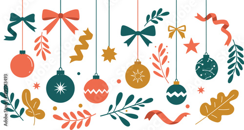 Colorful christmas ornaments and decorations hanging on strings festive holiday theme with bows ribbons and stars on white background