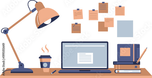 A cluttered desk with a laptop computer office supplies and a lamp on a wooden table top with papers and books