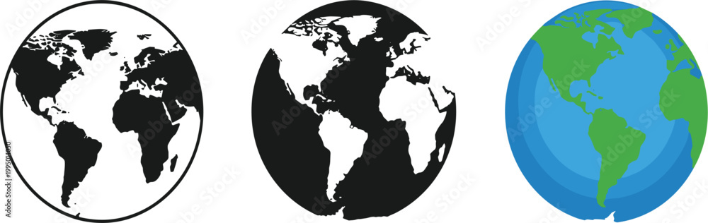 Obraz premium Globe Earth Icon Set with Black White and Colored World Map Spheres for Geography Travel Education Design Collection