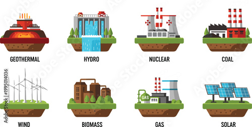 Global Energy Production Vector Icon Set Featuring Renewable and Non-Renewable Power Plants Including Solar Wind Nuclear Hydro and Geothermal Energy Systems