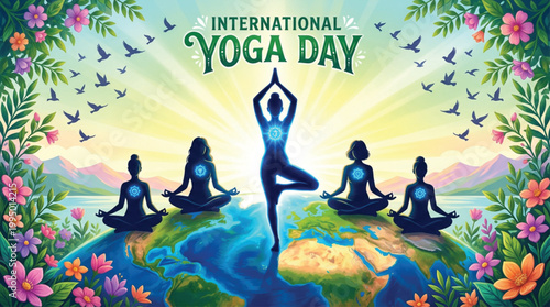 International Yoga Day illustration featuring diverse group of people meditating on planet Earth with colorful floral border and sunlight rays for wellness and mindfulness event design.