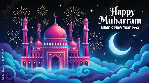 Happy Muharram greeting card design featuring Islamic mosque architecture with glowing moon and fireworks display in night sky for celebration of Islamic New Year 1442 event.