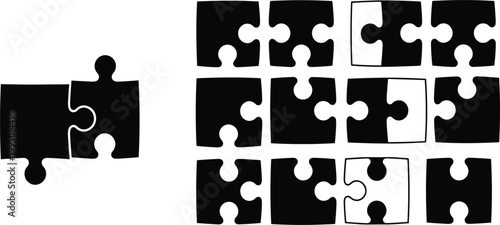 Puzzle Piece Icon Set with Missing Jigsaw Elements and Black Silhouette Shapes for Problem Solving Concept Design Collection