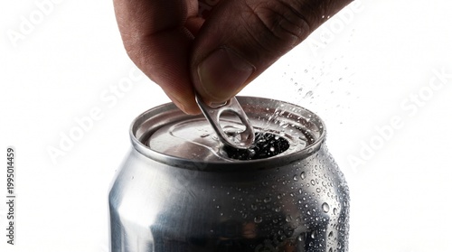 Hand opening soda can, refreshing drink action moment isolated on white background.