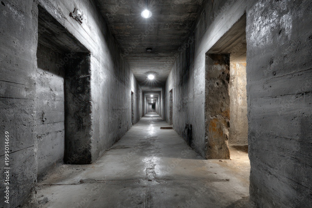 Obraz premium Empty concrete corridor with industrial pillars and modern lighting