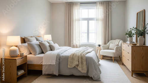 A serene and inviting bedroom with a comfortable bed and modern furniture