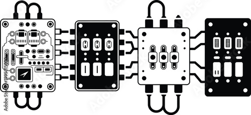 Black and White Electrical Fuse Box Panel Illustration with Detailed Fuses and Switches, Clean Line Art Technical Vector Drawing Isolated on White Background for Engineering and Electrician Use