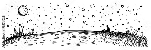 Night Sky Landscape with Full Moon and Stars Silhouette of Person Sitting on Hill Dreaming