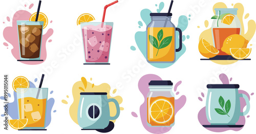 Eight different colorful drinks in glasses and bottles with straws and lids on a white background with abstract shapes