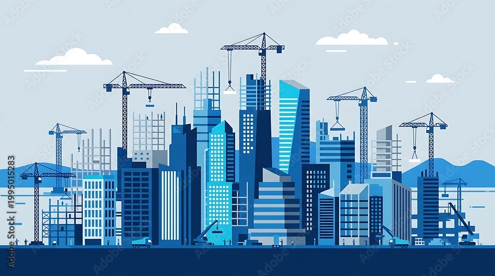 Obraz premium A vibrant illustration of a futuristic cityscape featuring skyscrapers under construction cranes and a bright blue sky ideal for business real estate and urban development marketing materials.