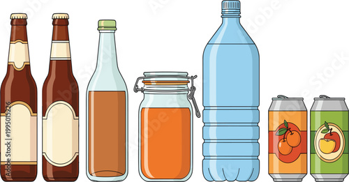 Beverage containers set with glass bottles, jars, water bottle and fruit juice cans in detailed flat cartoon vector illustration style