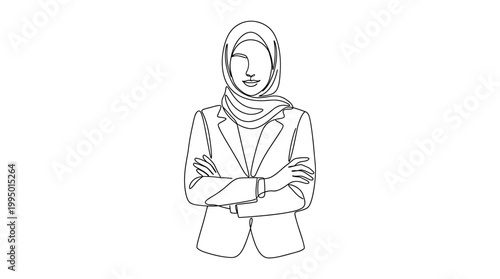 Continuous line drawing of a professional business woman wearing a hijab.