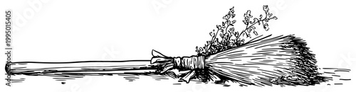 Rustic Handmade Broom Stick Traditional Cleaning Tool Witch Broom Sketch Illustration
