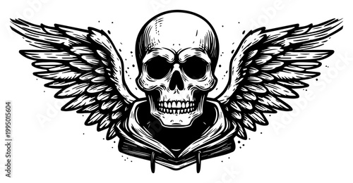 Skull with Angel Wings Wearing Hoodie Cape Grim Reaper Tattoo Art Engraving Style Illustration