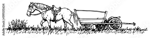 Horse Pulling Vintage Cart in Field Rural Farm Landscape Hand Drawn Engraving Style Illustration