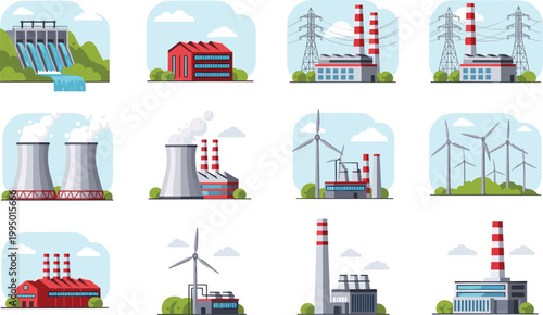 Industrial Power Plant and Energy Infrastructure Vector Set Featuring Solar Panels Wind Turbines Nuclear Stations and Electrical Grid for Sustainable Urban Development