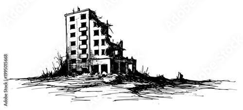 Ruined Abandoned Building After War or Disaster Post Apocalyptic Cityscape Sketch Illustration